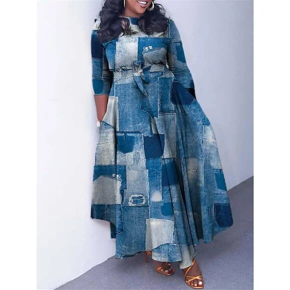 Plus Size Maxi Dress Stretch Self Tie Pockets A-Line Casual Dress - Picture 3 of 5